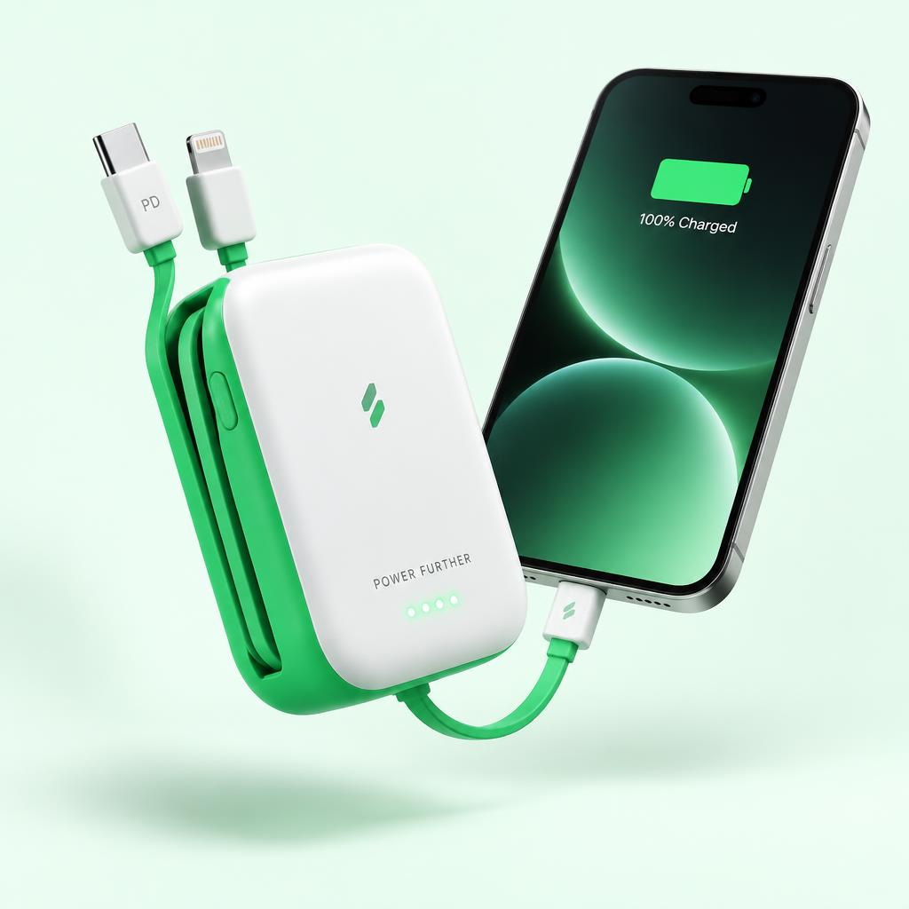 Powerbank SeneCharge avec câbles USB-C et Lightning intégrés rechargeant un smartphone